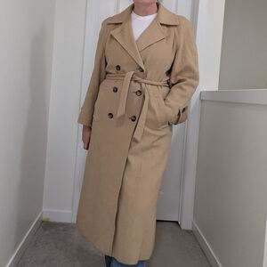 Long Belted Winter Coat Double Breasted Wool Camel Hair Neutral Tan Size Large